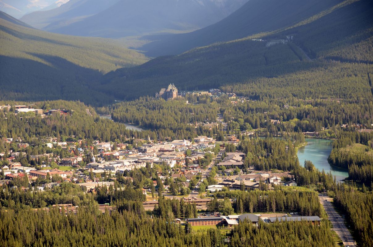 02 Banff Close Up with Banff Springs Hotel and the Bow River From Viewpoint on Mount Norquay Road In Summer